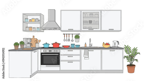 Modern kitchen interior with white cabinets built in oven and various appliances and plants for home design and culinary themes.