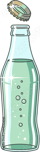 A clear glass bottle filled with sparkling light green liquid and an open bottle cap floating above.
