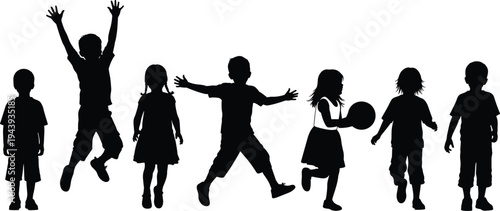 Silhouettes of happy children playing jumping and running together in a row isolated on white background for summer fun concept