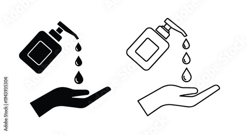 Hand Holding Hand Sanitizer Dispenser Icon Set Flat Design - Line and glyph icon set - Minimalist, flat icon, outline, glyph, linear, clipart, sticker - icon set