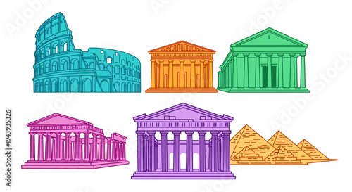 Colorful illustrations of famous buildings.