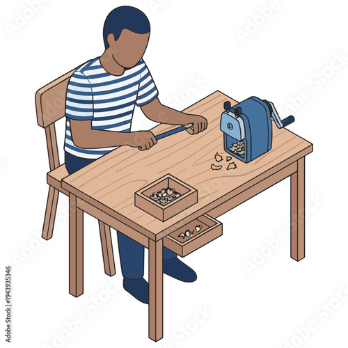 Man sitting at a wooden workbench using a tool on a blue machine.