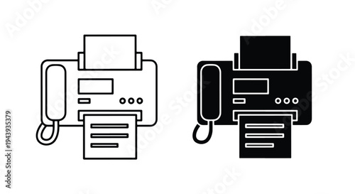 Black and White Office Printer Icon Set - Line and glyph icon set - Minimalist, flat icon, outline, glyph, linear, clipart, sticker - icon set