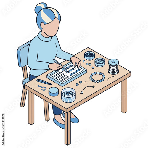 Woman creates jewelry on a worktable with various tools and materials.