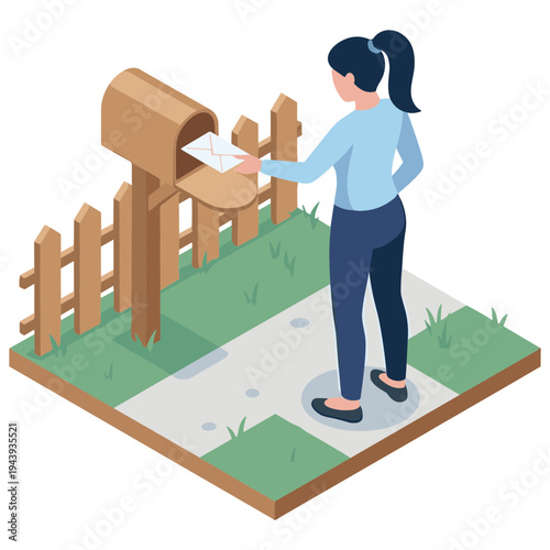 Woman depositing letter into mailbox beside fence on pathway