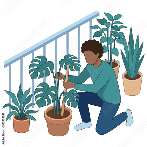 A person kneeling indoors pruning a plant with several potted plants nearby