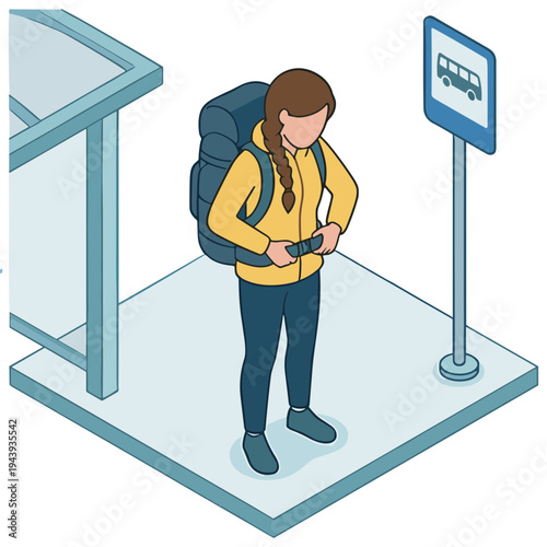 A woman checks her watch while standing at a bus stop with a backpack on.