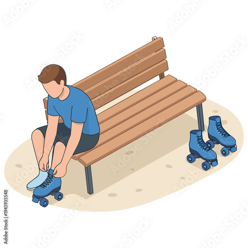 Man sitting on bench tying blue roller skates on feet