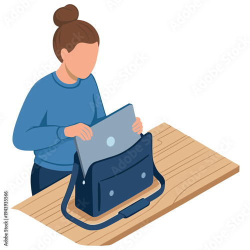 Woman unpacks laptop from bag on wooden table indoors daily.