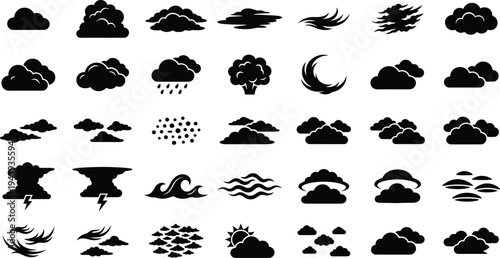 Cloud vector graphic design. A set of clouds illustration in the sky in black silhouette.