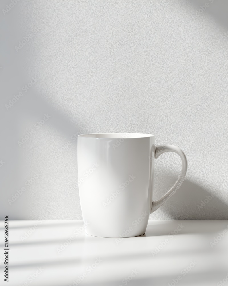 Fototapeta premium White coffee mug mockup, bright studio lighting, shadow overlay, clean minimalist aesthetic