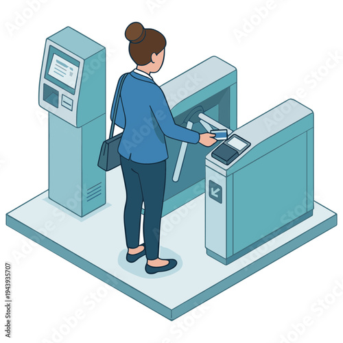 Woman using a ticket machine at a train station with automated gates.