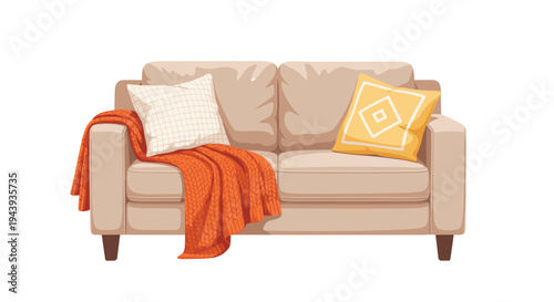 Cozy living room with comfortable beige sofa and vibrant throw blanket