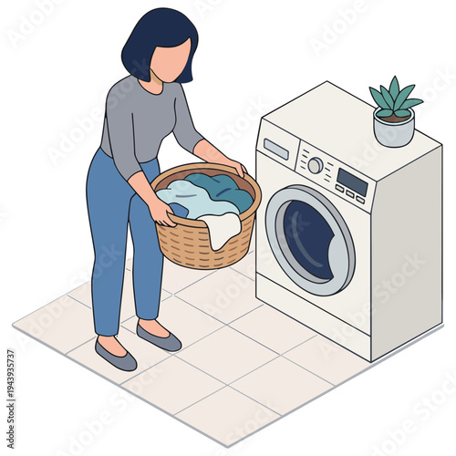 Woman loading washing machine with clothes from basket on tiled floor indoors