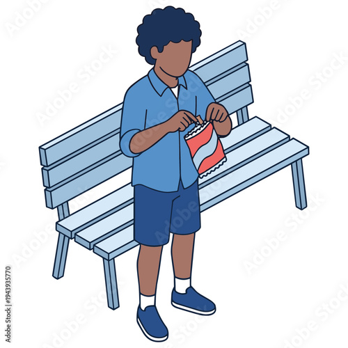 A man sits on a park bench eating a snack from a bag.