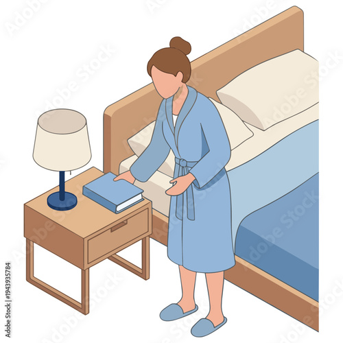 Woman in blue robe stands beside bed placing book on nightstand