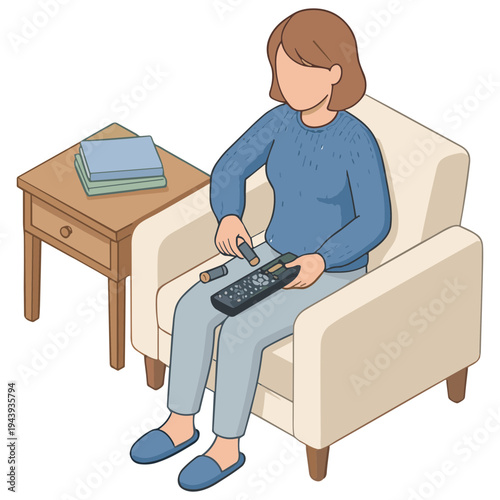 Woman sits on couch repairing television remote control at home