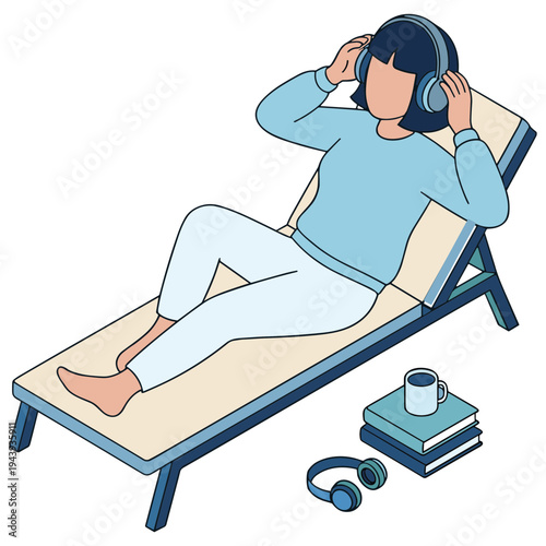Woman relaxing on lounge chair listening to music with headphones and books nearby