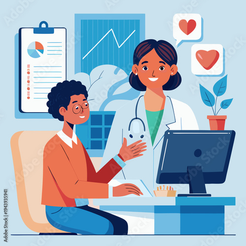 Doctor and patient discussing health on computer