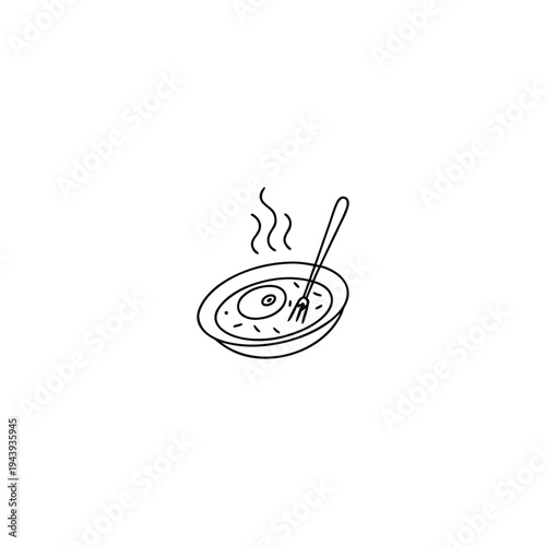 A simple line drawing of a steaming bowl of soup with a fork