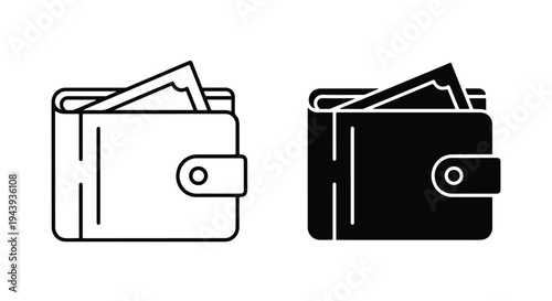 Wallet Icon Set with Cash and Cards - Line and glyph icon set - Minimalist, flat icon, outline, glyph, linear, clipart, sticker - icon set