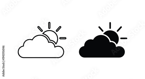 Weather Icons Set with Sun and Clouds - Line and glyph icon set - Minimalist, flat icon, outline, glyph, linear, clipart, sticker - icon set