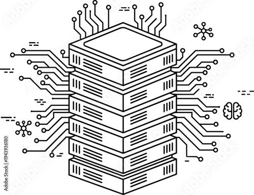 data server stack with ai circuits, cloud computing technology outline vector illustration, digital network processing concept isolated white background