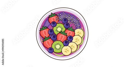 Delicious fruit salad bowl with fresh strawberries kiwi blueberries and bananas topped with chia seeds