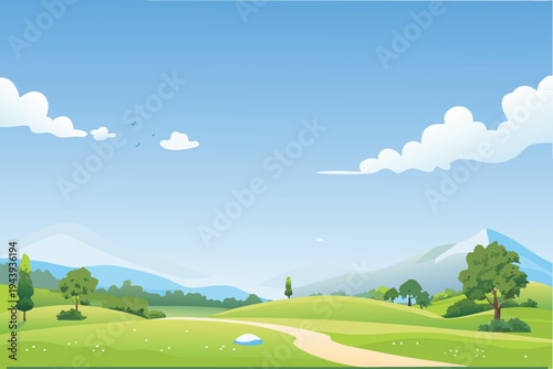 Rolling Green Hills Path with Mountains and Clouds Scenic Landscape Stock Illustration