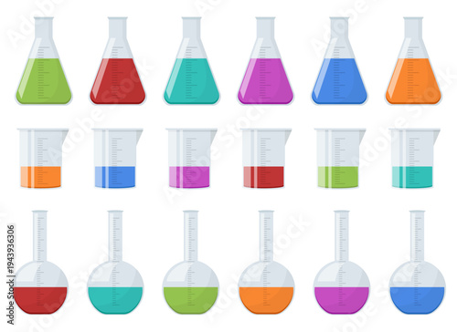 Colorful Laboratory Glassware: beakers, flasks, volumetric glassware. 