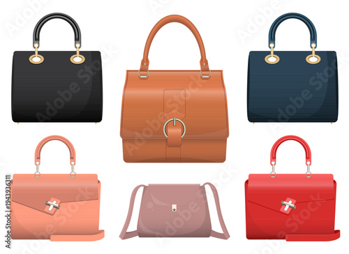 Assortment of fashionable bags in black, brown, navy, pink, and red colors.