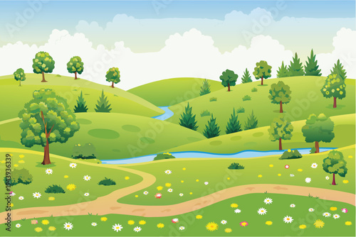 Rolling green hills winding path flowing stream and blooming wildflowers under a cloudy sky vector illustration