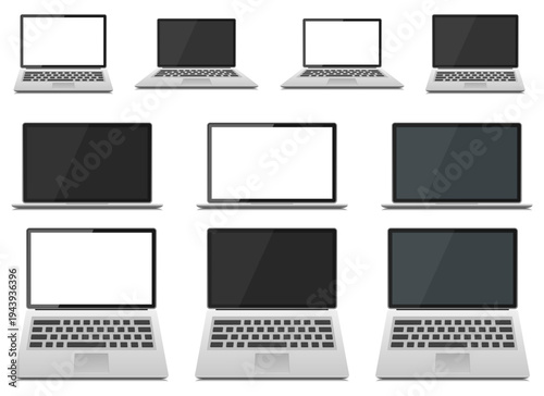 Multiple laptop computers shown with varying screen states and orientations.