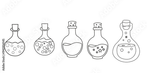 Five laboratory glass bottles with various contents and stoppers