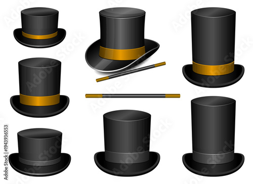 Collection of assorted black top hats with gold and silver detailing.