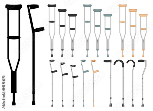 Crutches and Canes: Mobility Assistance and Support Equipment Vector Set