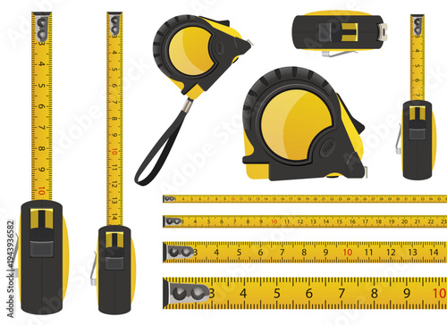Measuring Tapes: Collection of yellow and black retractable measuring tapes.