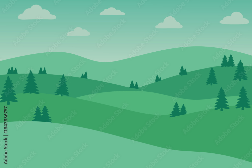 Fototapeta premium Rolling green hills with pine trees and clouds minimalist landscape stock illustration