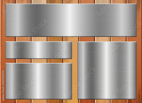 Metal plates over planks texture, assorted shapes and sizes on wood paneling.