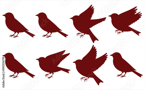 Eight red silhouette birds in various poses flying