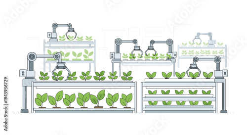 Automated robotic farming system with lush green plants in modern indoor facility