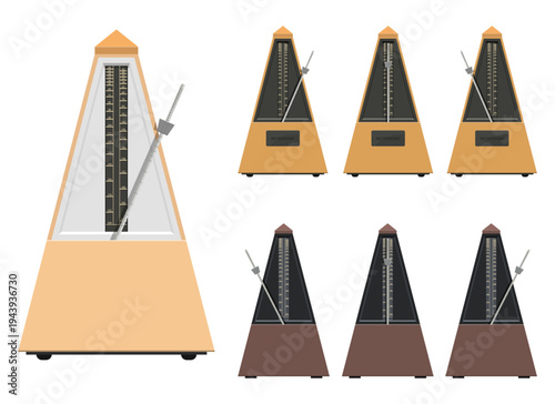 Various metronomes are displayed on a white background in an image.