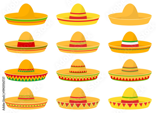 Collection of festive sombreros with colorful designs and wide brims.  