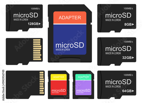Memory cards and adapter used for storage capacity in electronic devices.