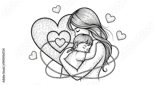 Mother holding baby in her arms.