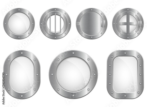 Collection of metal portholes with different shapes and designs for ships.
