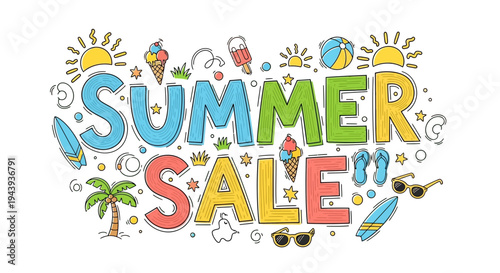 Summer sale vector illustration with colorful icons