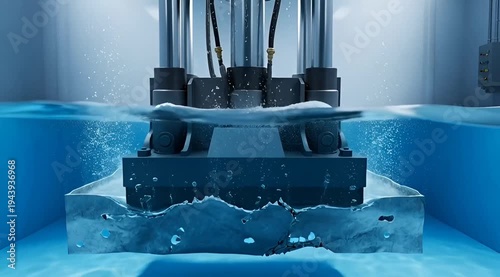 Damaged Punctured Aluminum Sheet Forced Underwater by Mechanical Press in Test Tank