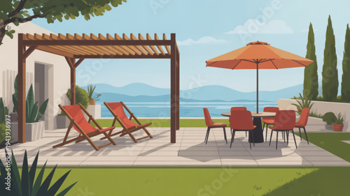 Outdoor patio set with orange chairs and umbrella on a sunny day by the sea