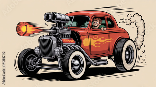 Vintage hot rod car with flame design and rocket exhaust